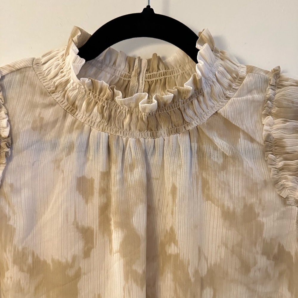 CALVIN KLEIN Woman Flutter sleeve smocked tan-white mock neck classic tank NWT S - Picture 5 of 14